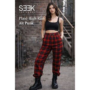 Seek the Label Red Plaid Belted High-rise Pants Sz M Punk Grunge Alt Streetwear
